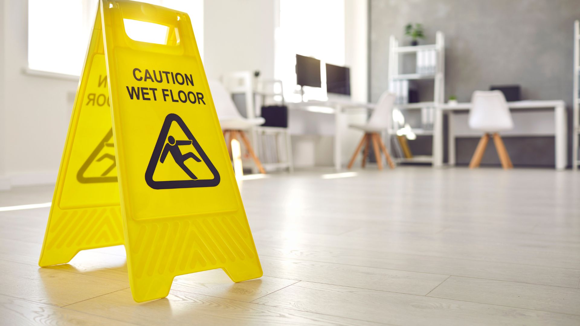 Yellow caution wet floor sign in clean, modern office workspace